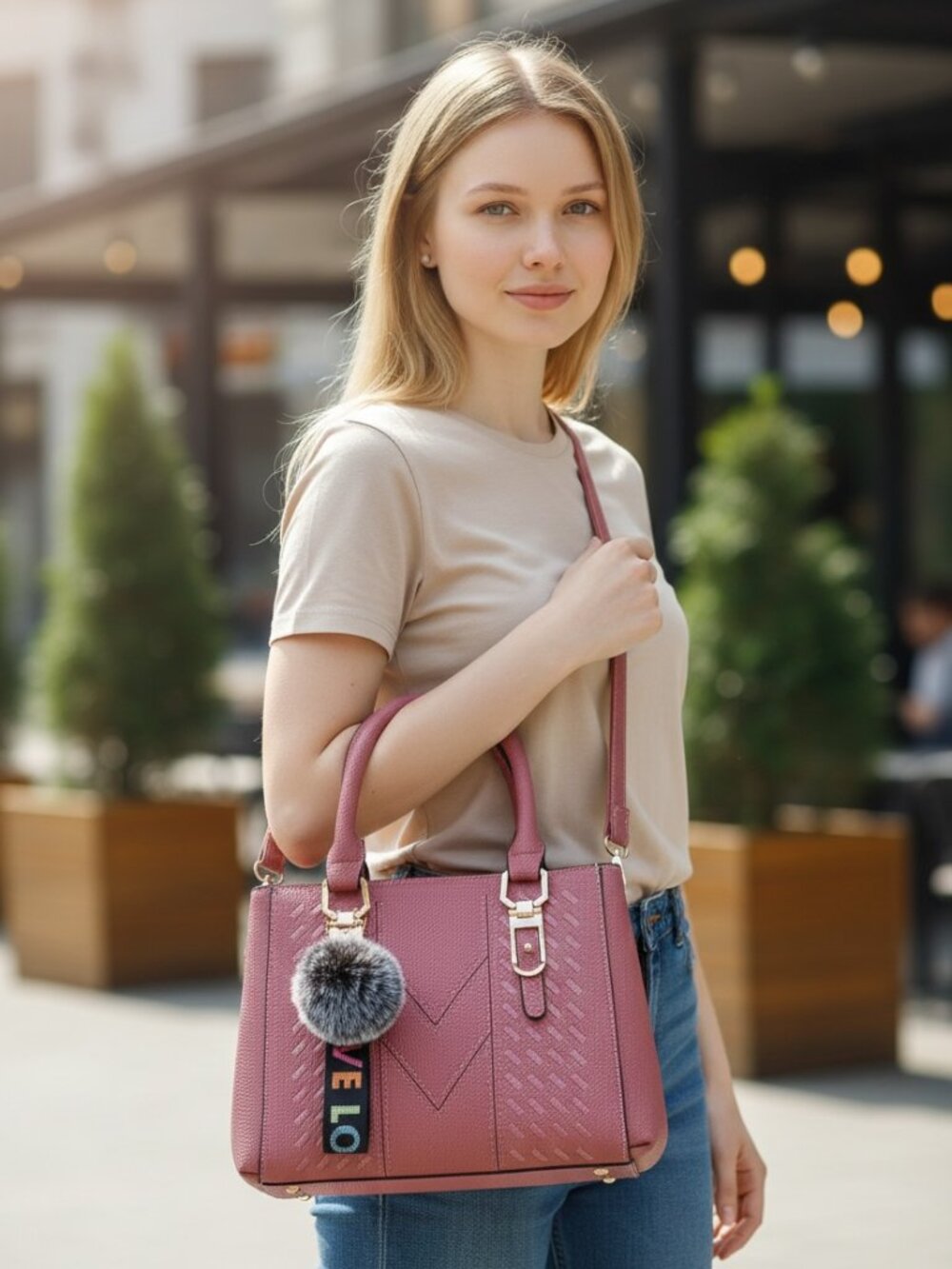 Women Casual PU Leather Medium Size Bag Crossbody Fur Ball Pendant Handbag